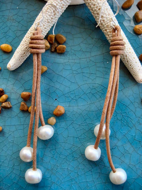 White Baroque Fresh Water Pearl & Leather Earrings-Sterling Silver "FREE SHIPPING"