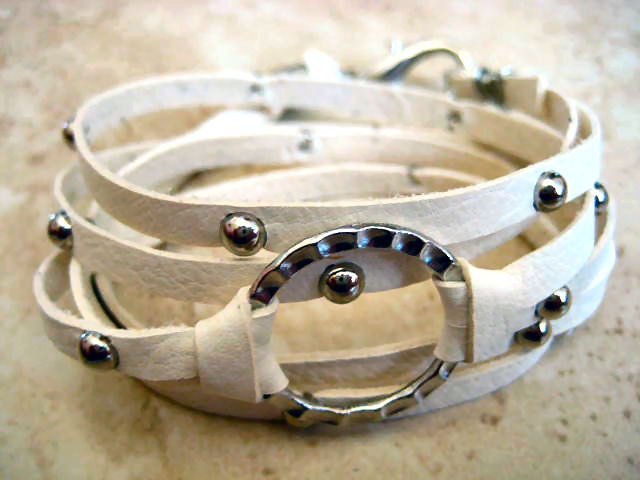 Boho Chic Good Luck Silver Circle Hammered Triple Wrap White Leather Bracelet with Silver Accents...."FREE SHIPPING"