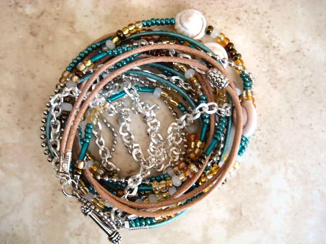 Boho Chic Endless Leather Wrap, Silver Chain Beaded Bracelet...She Sells Sea Shells...."FREE SHIPPING"