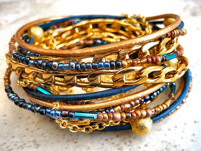 Boho Chic Endless Leather Wrap Beaded Bracelet with Chunky Gold Chain Accents...Polo Club..