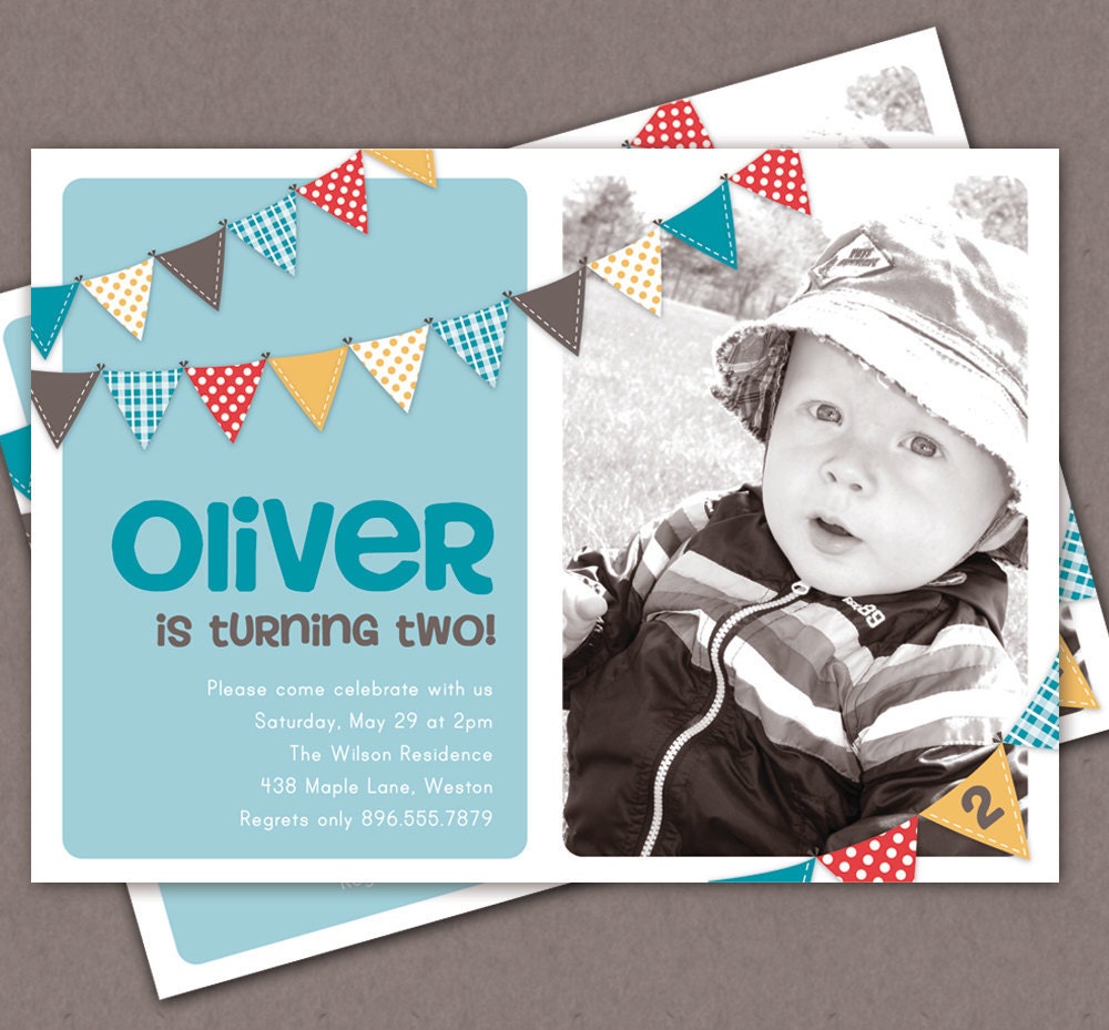 Boy First Birthday Invitation Bunting Flags Banner Photo Printable Invite - 1 Year Old or 2 Year Old - Second Birthday