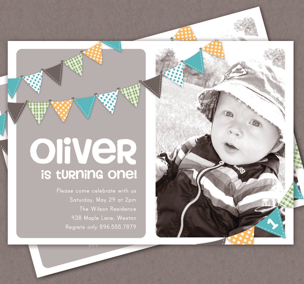 Boy First Birthday Invitation Bunting Flags Banner Photo Printable Invite - 1 Year Old or 2 Year Old - Second Birthday