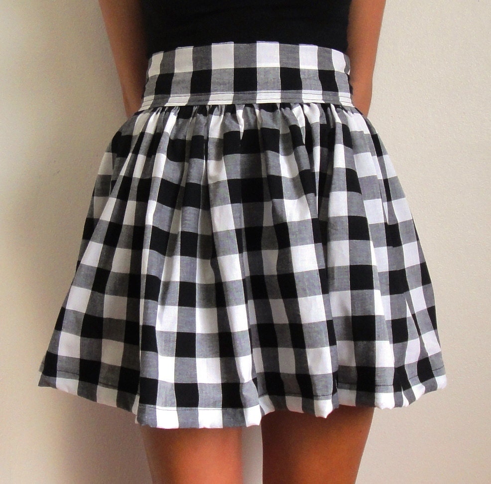 checked pattern, high waisted puff skirt with wide waist band