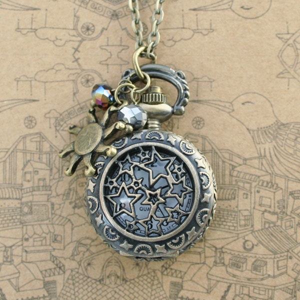 Vintage star pocket watch necklace with antique bronze sun charm and crystal charm