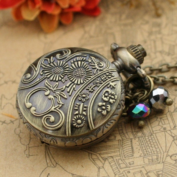 Vintage star pocket watch necklace with antique bronze sun charm and crystal charm