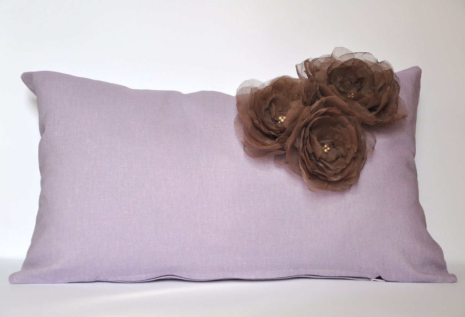 Lavender Linen Pillow Case With Brown Organza Fabric Flowers and Beads 12x20 Inch