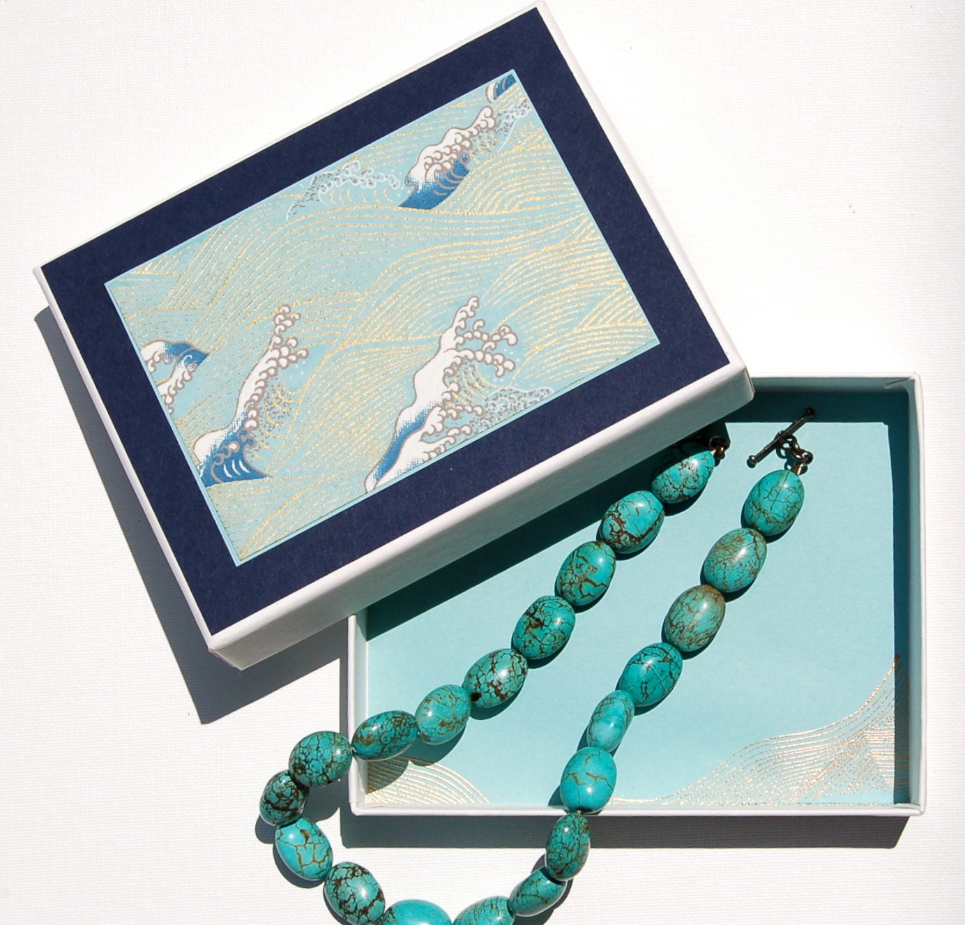 Handmade Paper Gift Box, Navy & Pool Blue Handmade Japanese Yuzen Paper with Ocean Waves