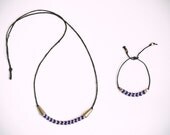 trade beads long necklace and bracelet, dark blue & lilac  / gift set
