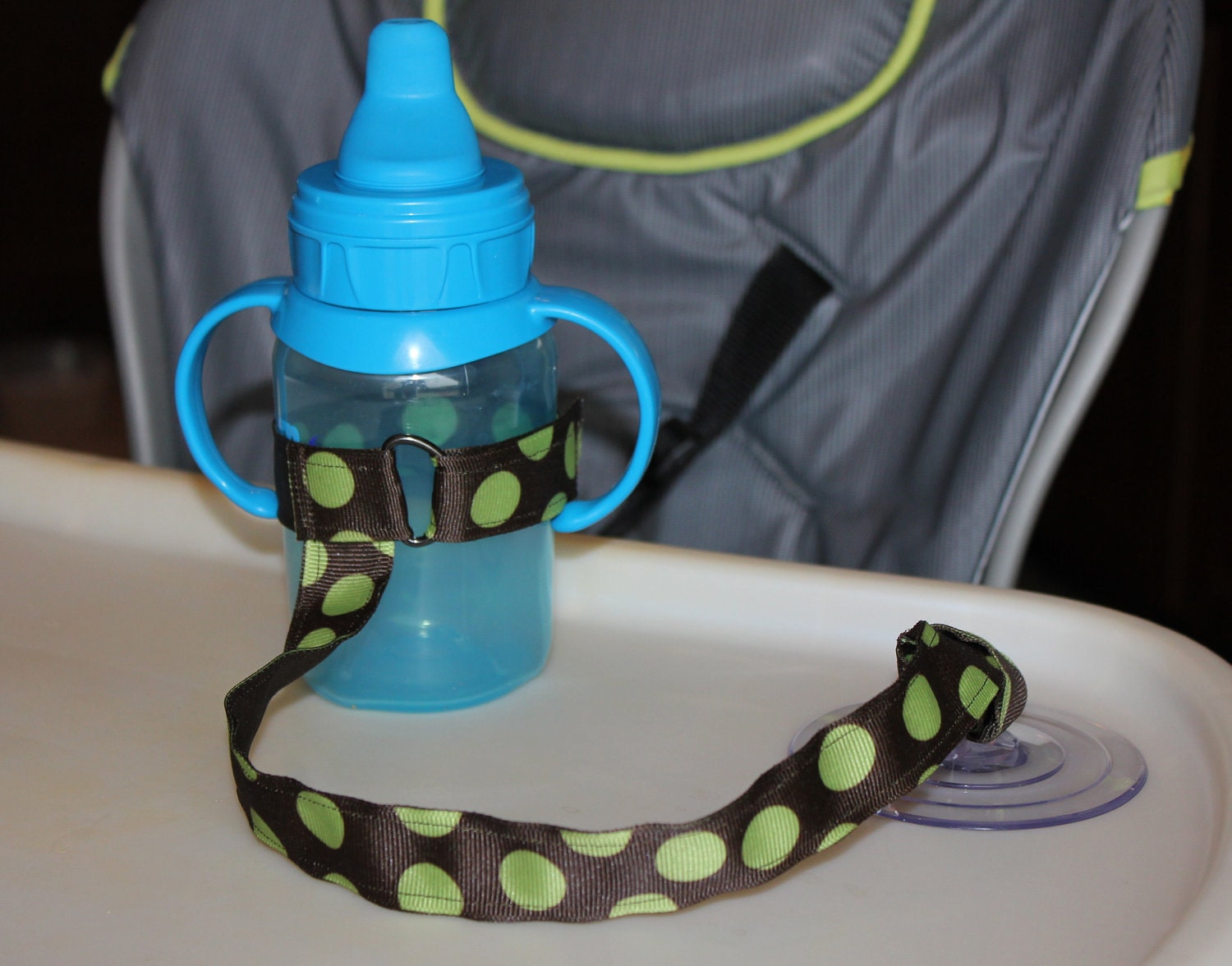 Bottle Tether, Toy Tether, Sippy Strap with Suction Cup-Green Polka Dots