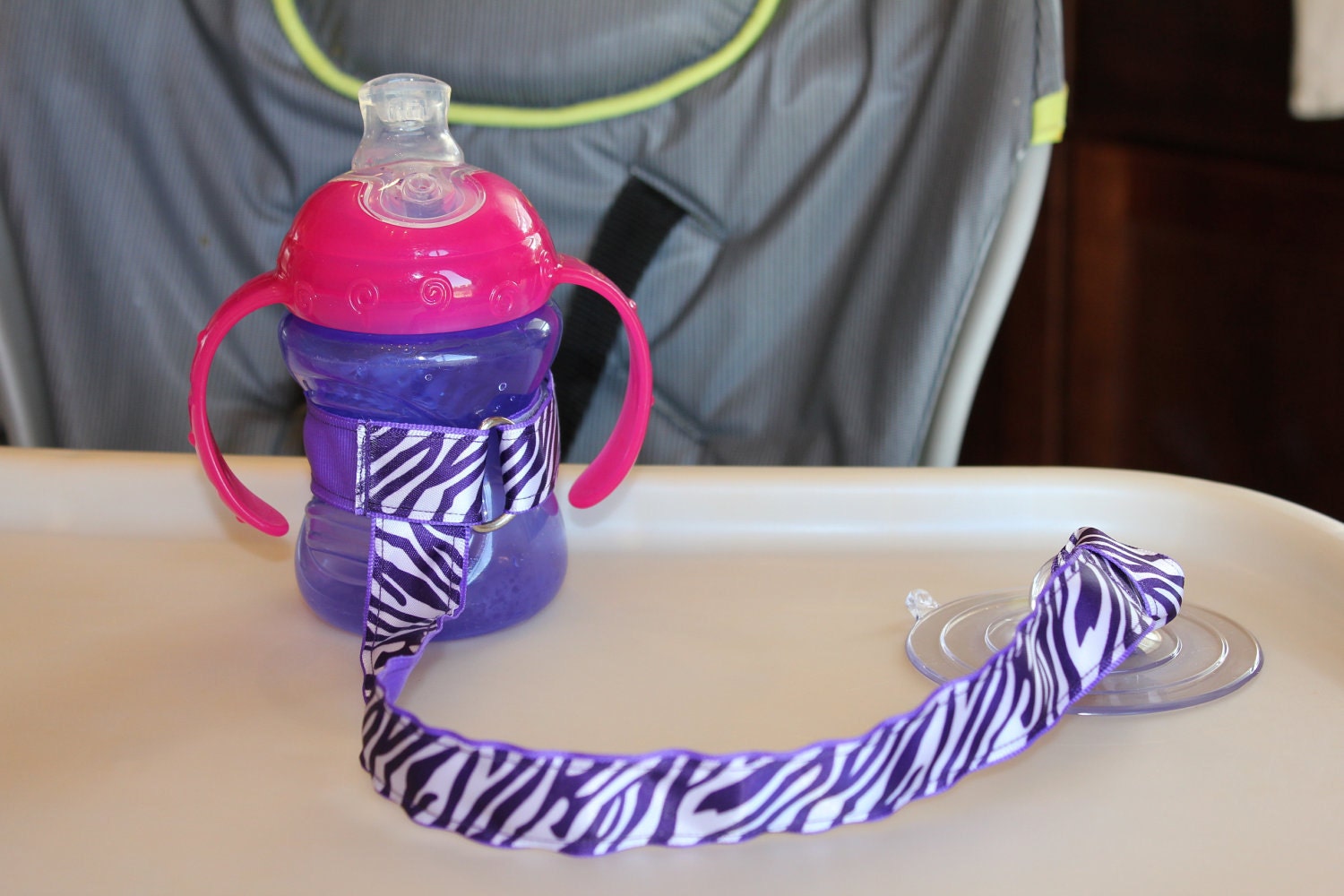 Bottle Tether, Toy Tether, Sippy Strap with Suction Cup- Purple & White Zebra