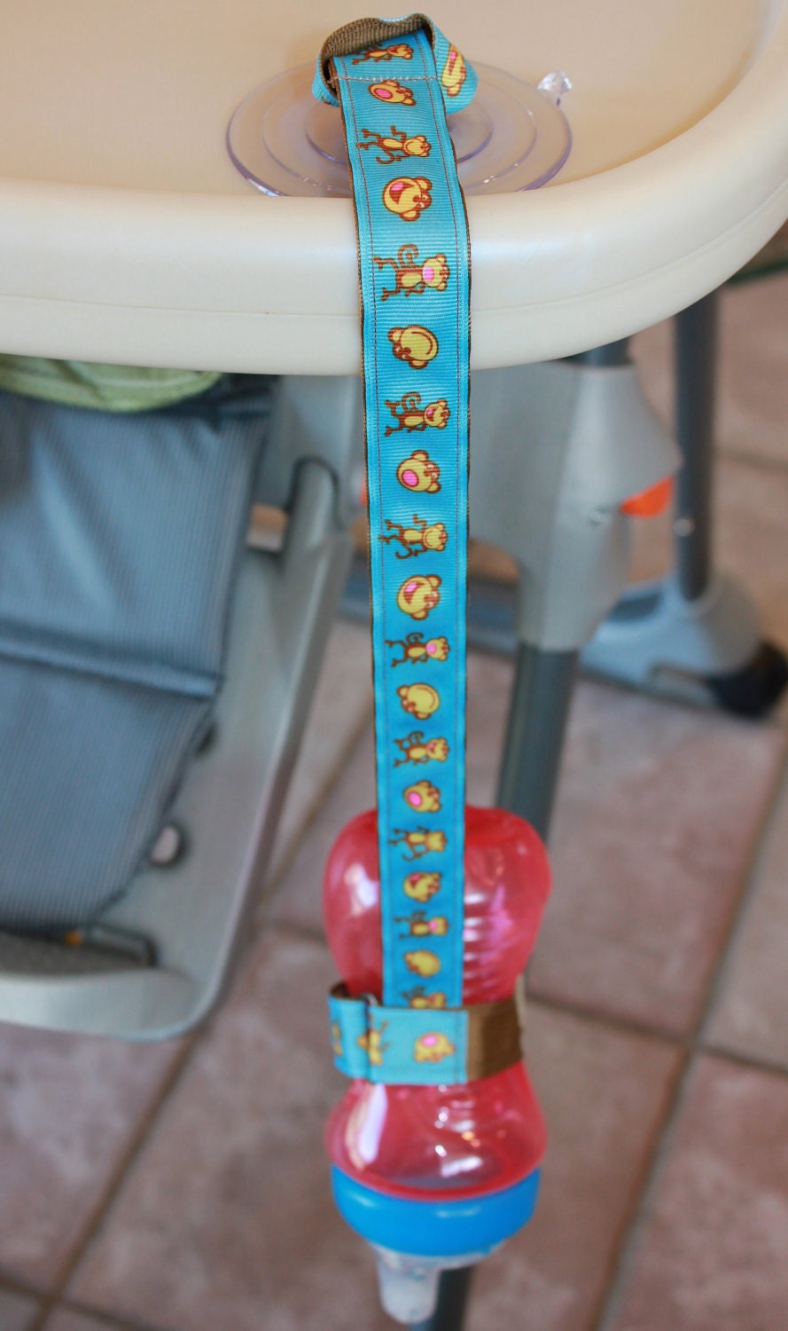 Bottle Tether, Toy Tether, Sippy Strap with Suction Cup- Blue Monkey