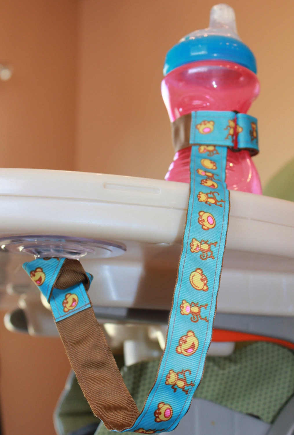 Bottle Tether, Toy Tether, Sippy Strap with Suction Cup- Blue Monkey