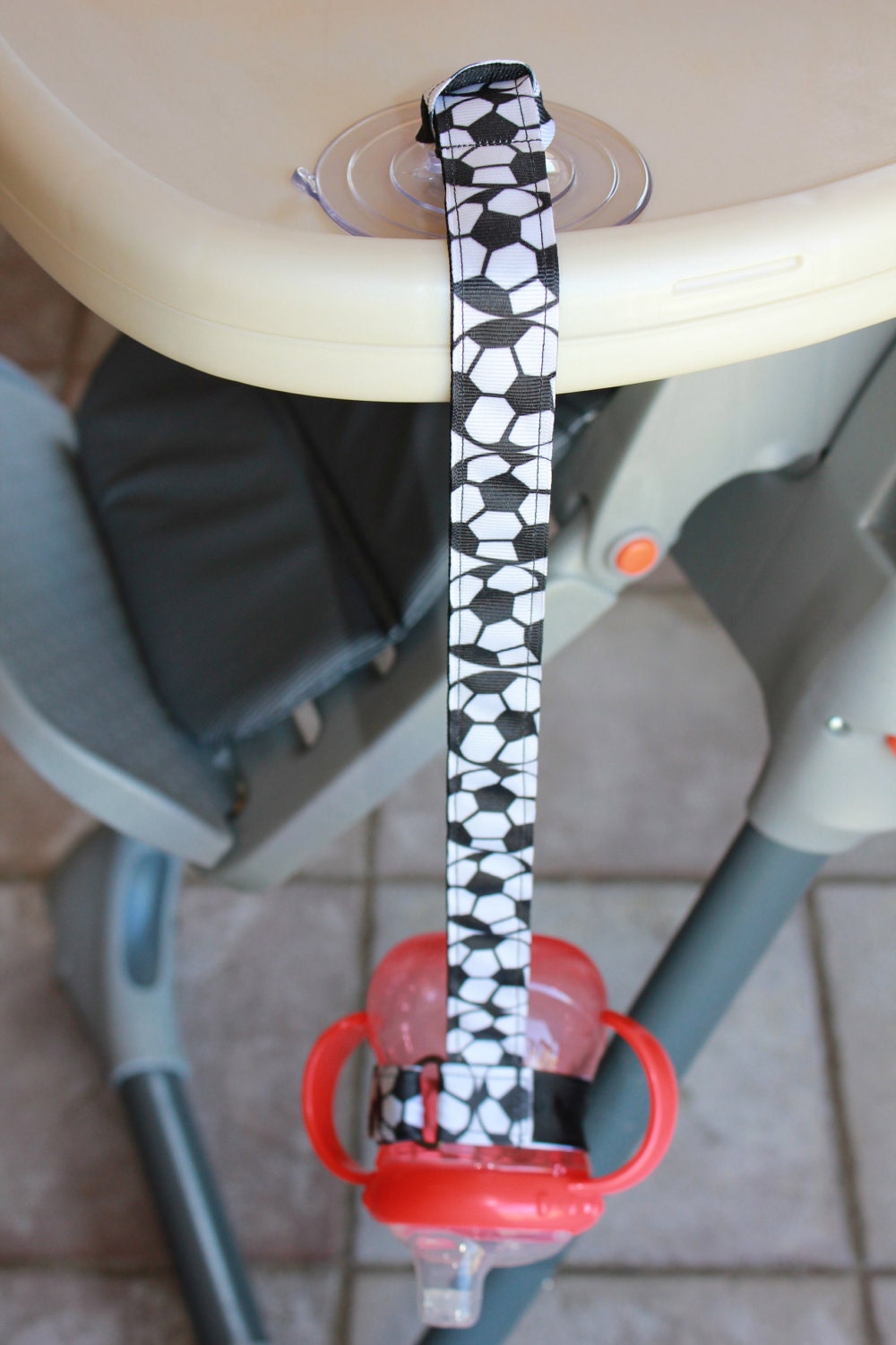 Bottle Tether, Toy Tether, Sippy Strap with Suction Cup-Soccer Ball Print