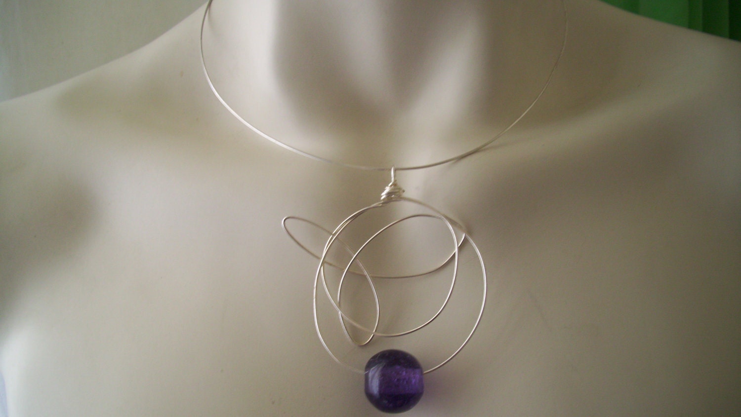 Alpaca Silver Wrapped Purple Glass Pendant Orbit Art Necklace Minimal Chic Futuristic Design