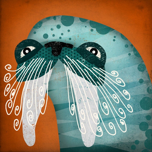 Whiskered Walrus original illustration giclee archival signed artist's print 12 x 12 by fowler creative arts