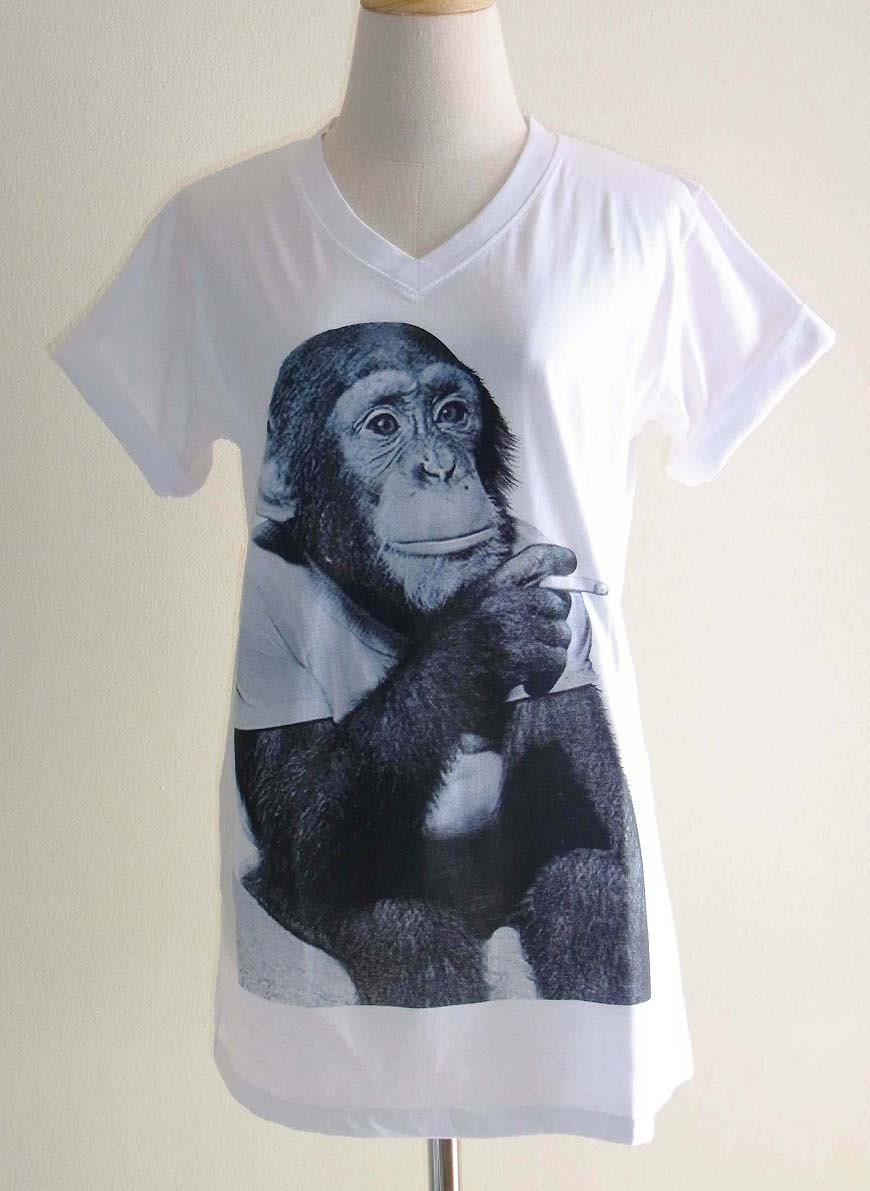 Monkey Smoking Animal Style V Neck Unisex T-Shirt Men T Shirt Women T Shirt White T-Shirt Screen Print Size M