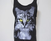 Cat Yellow Eyes Animal Style Cat Tank Top Teens Girl Women T-Shirt Animal Shirt Bleach Black Tunic Screen Print Size M