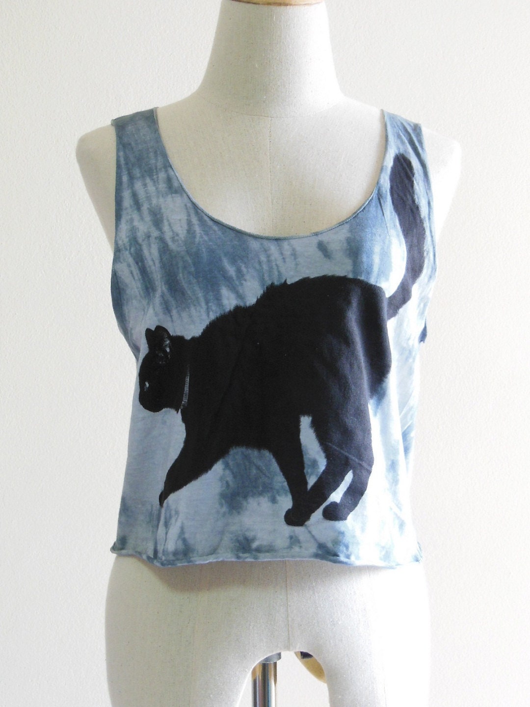Black Cat Cute Animal Style Tank Top Blue Dyed Fabrics Screen Print Women Crop Top Tee Shirt Cat T-Shirt Size S