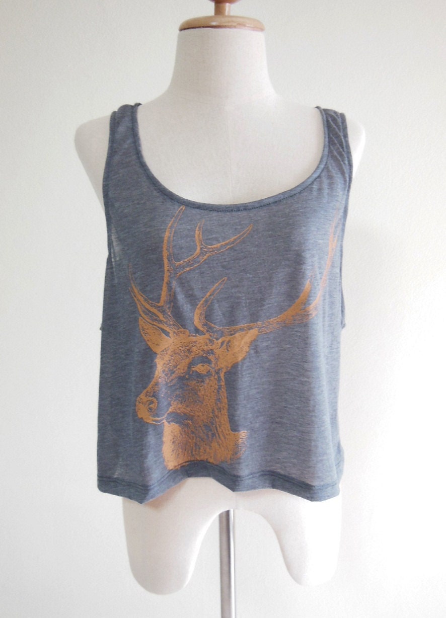 Deer Art Animal Style Women Crop Top Tank Dark Gray Tshirt Deer Tshirt Size M L