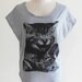 Kitty Cat Sing a Song Microphone Cute Animal Style Bat Sleeve Women Shirt Gray Short Sleeve Oversize Screen Print Size M
