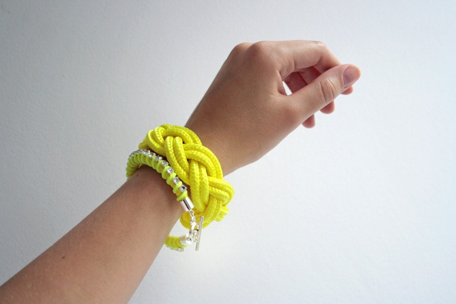 Neon yellow rhinestone wrap rope bracelet