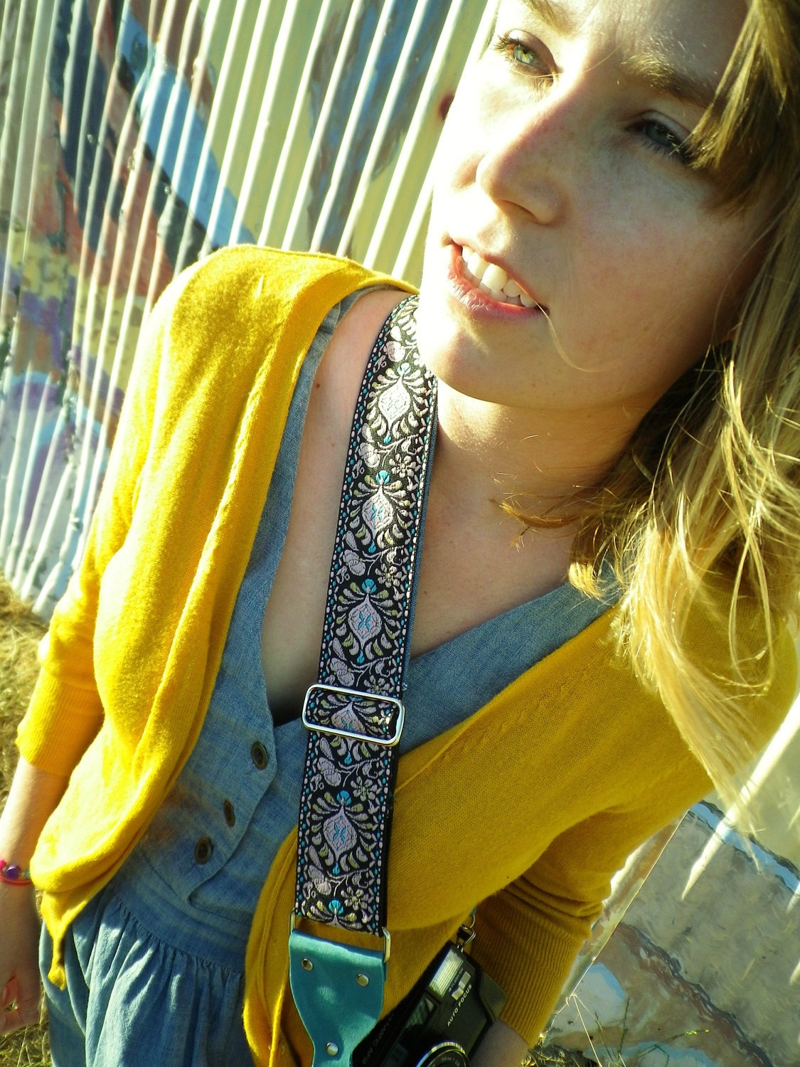 Pink and Turquoise Peacock Camera Strap with turquoise leather ends