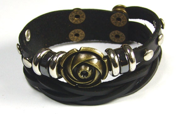 Black Leather Bracelet Cuff Bracelets Braid Bracelet with Rose