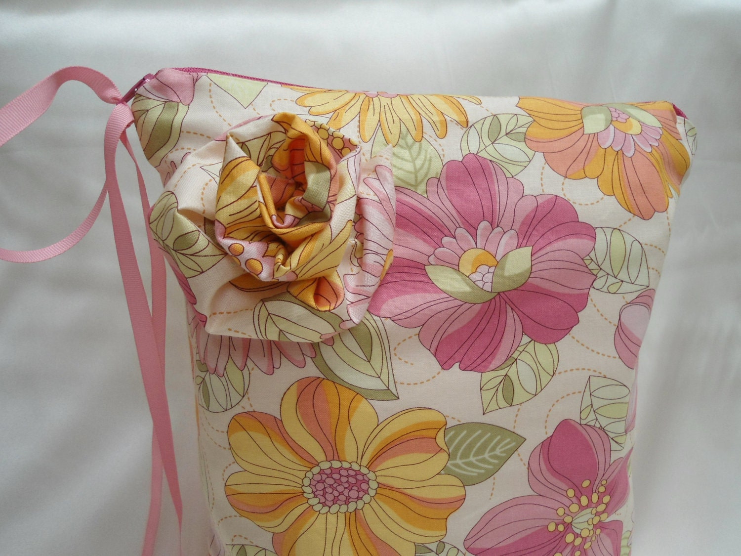 Large Diaper Wet Bag, Pink and Yellow Flowers, 13" x 16", Babies and Toddlers