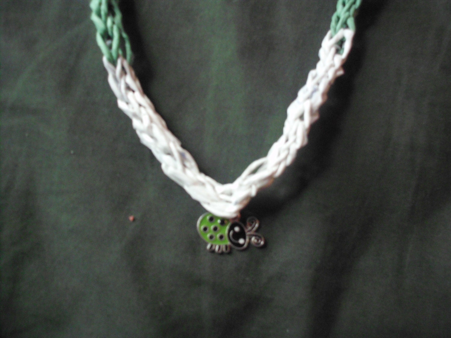 Green Ladybug Necklace - Handknit from Recycled Plastic Grocery Bags