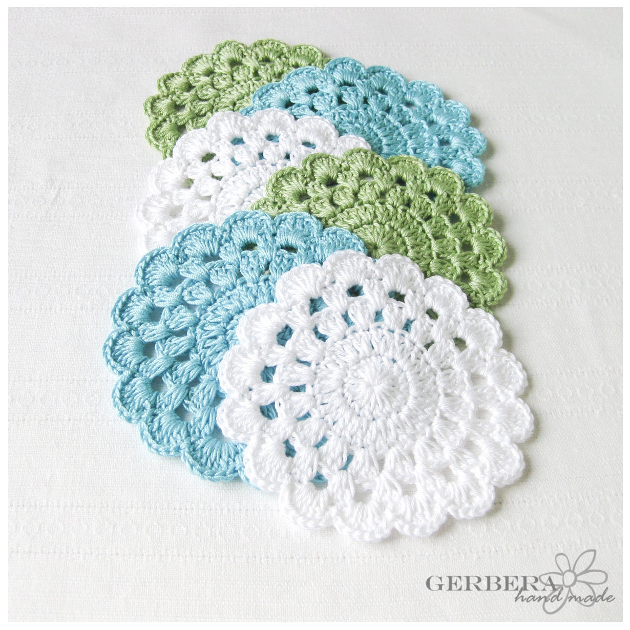 Granny Square Crochet Coasters/Doilies of summer color Set of 6 - green white turquoise color - cotton 4" 10cm READY TO SHIP