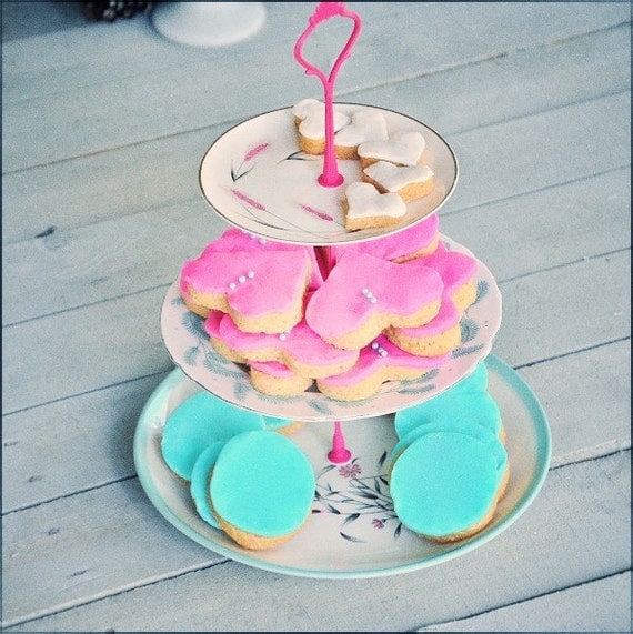Mod Atomic Wheat: Retro Cake Stand, Pink Cupcake Display, Aqua Cake Tier, Vintage Serveware Set