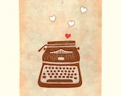 I Love You art print. Vintage typewriter heart wall decor. Sepia brown image. Antique vintage page background illustration. Retro graphics