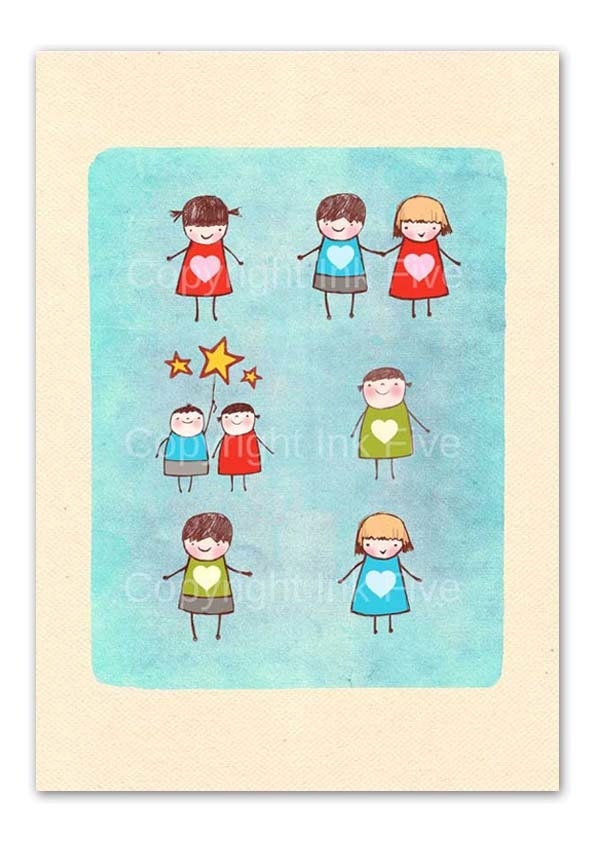 Nursery art print Cute Creche. Blue red green kids room decor. Stick figures images for children. Illustration fits 8x10 inch frame opening