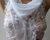White - Elegance Shawl / Scarf with Lace Edge