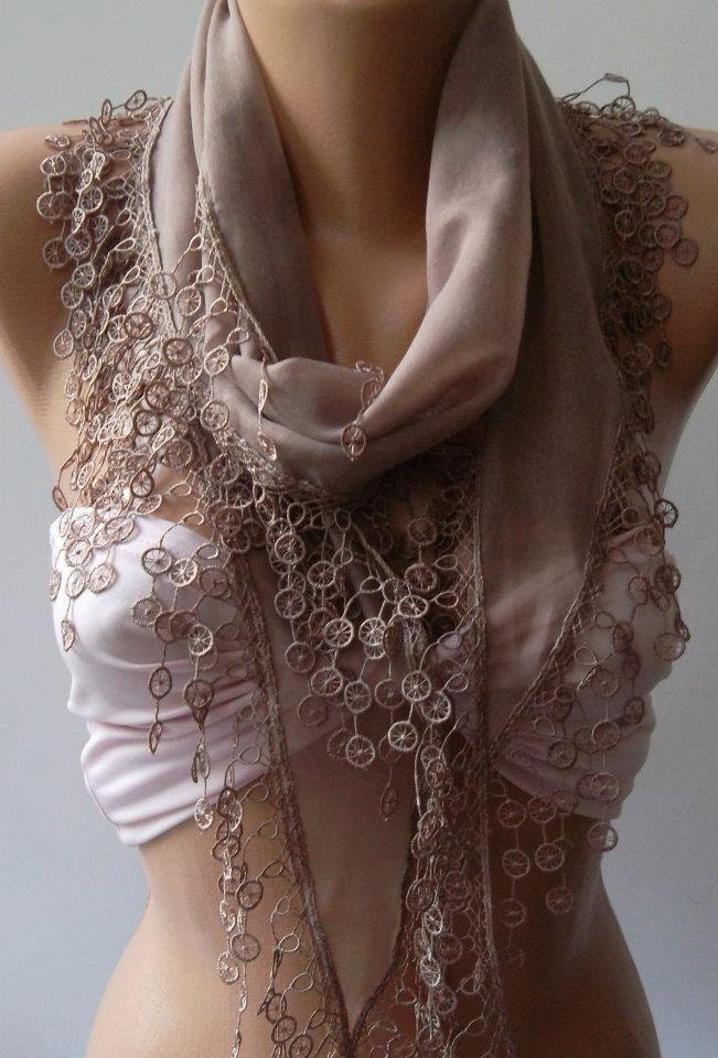 Stone Color - Elegance Shawl / Scarf with Lace Edge