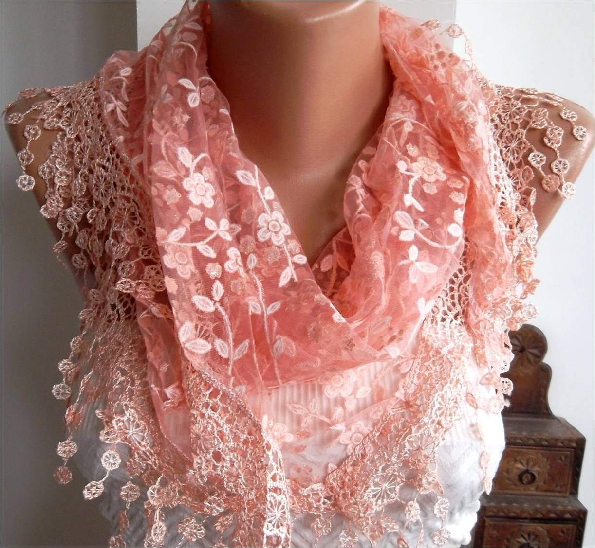 Light Coral Shawl Scarf - Headband with Lace Edge - Silvery