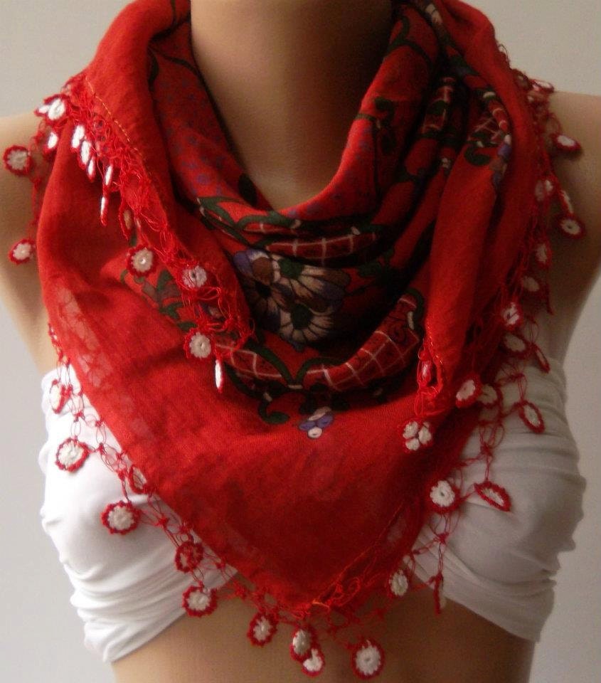 Turkish Shawl - Anatolians Scarf - with Lace- Yemeni - Red Shawl with Oya