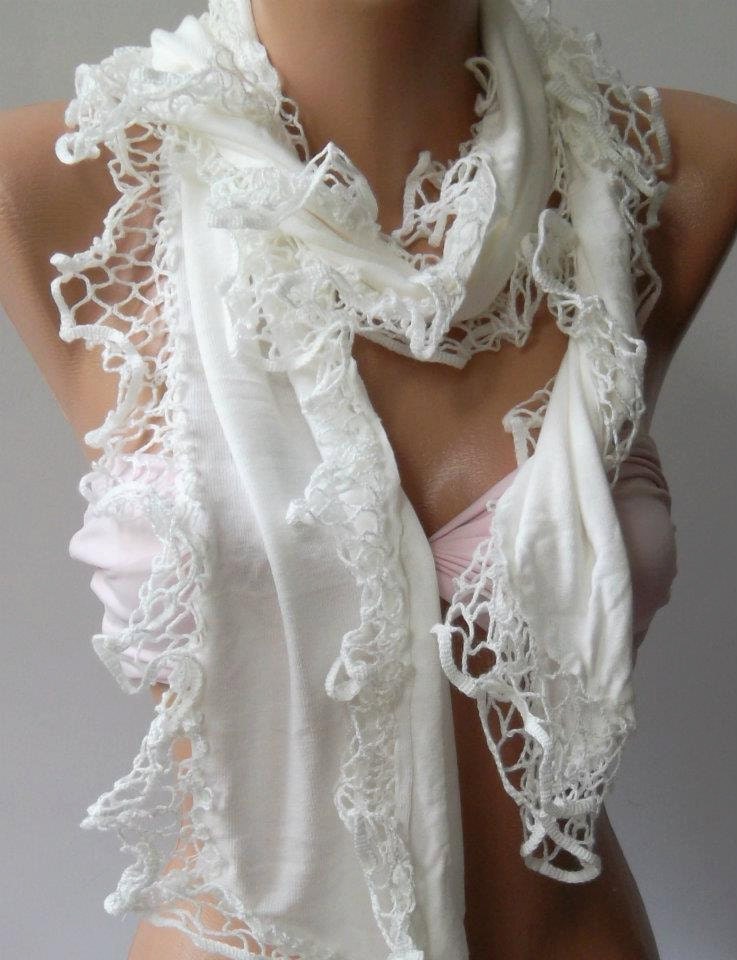 White - Elegance Shawl / Scarf with Lace Edge