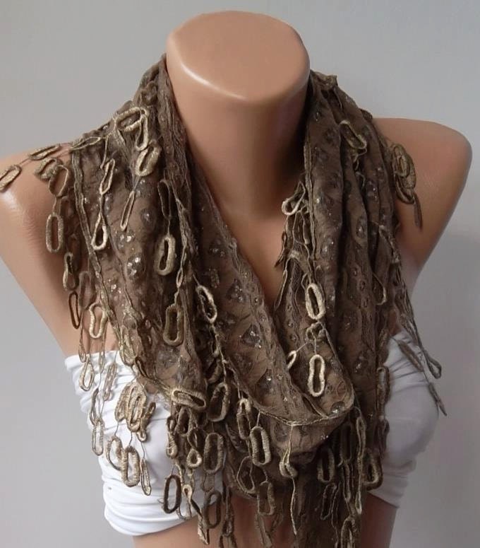 Brown lace and Elegance Shawl / Scarf - with Lace Edge