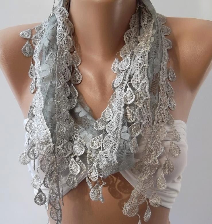 Elegance Grey Shawl - Scarf with Lacy Edge,,,.