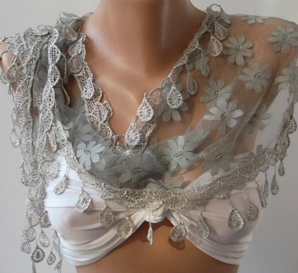 Elegance Grey Shawl - Scarf with Lacy Edge,,,.
