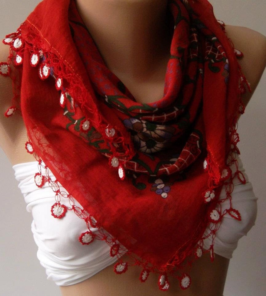 Turkish Shawl - Anatolians Scarf - with Lace- Yemeni - Red Shawl with Oya