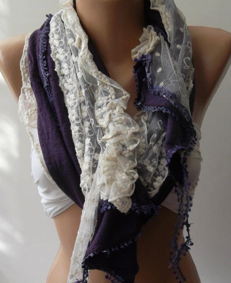 Purple - Elegance Shawl // Scarf with Lace Edge,,,