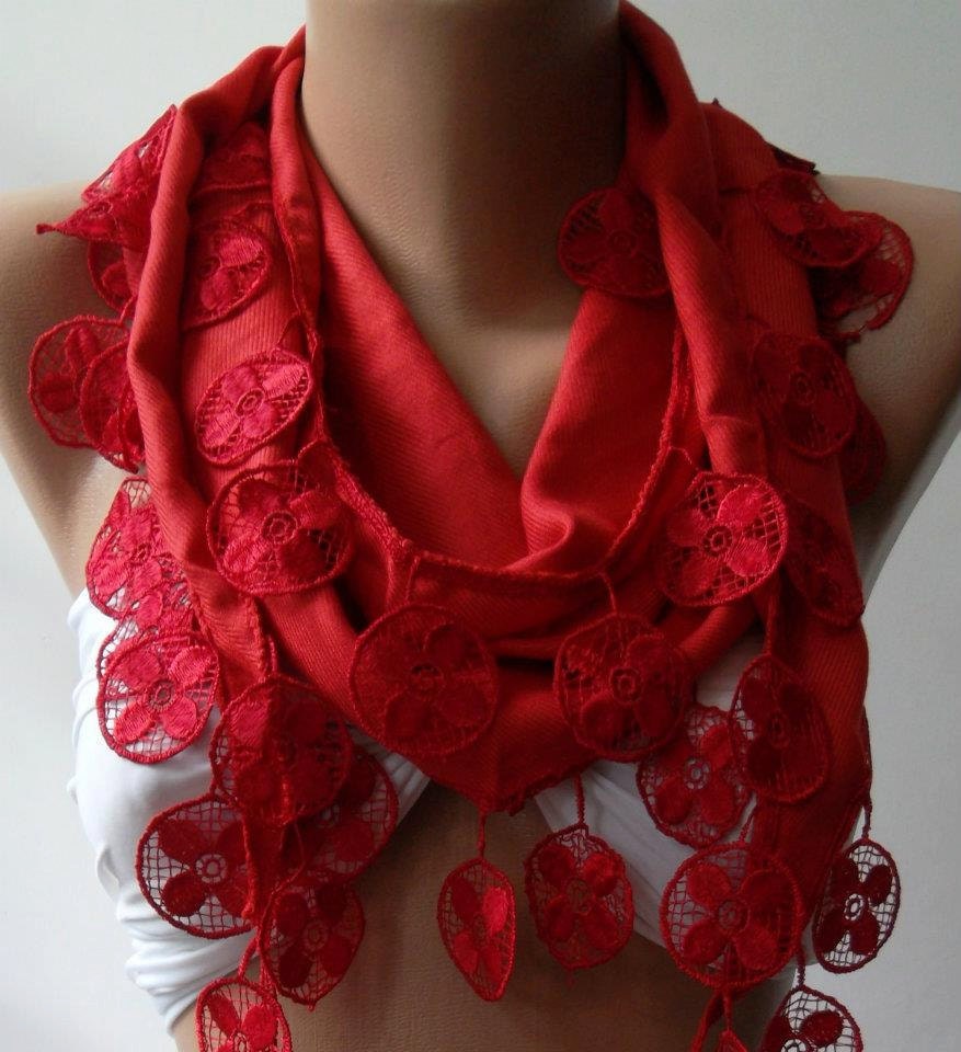 Red - Pashmina and Elegance Shawl / Scarf with Lace Edge