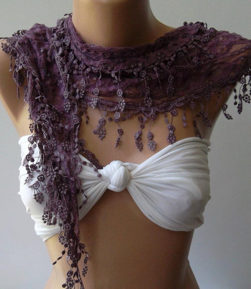 Reserved for Cathleen.Purple - Elegance  Shawl / Scarf with Lacy Edge