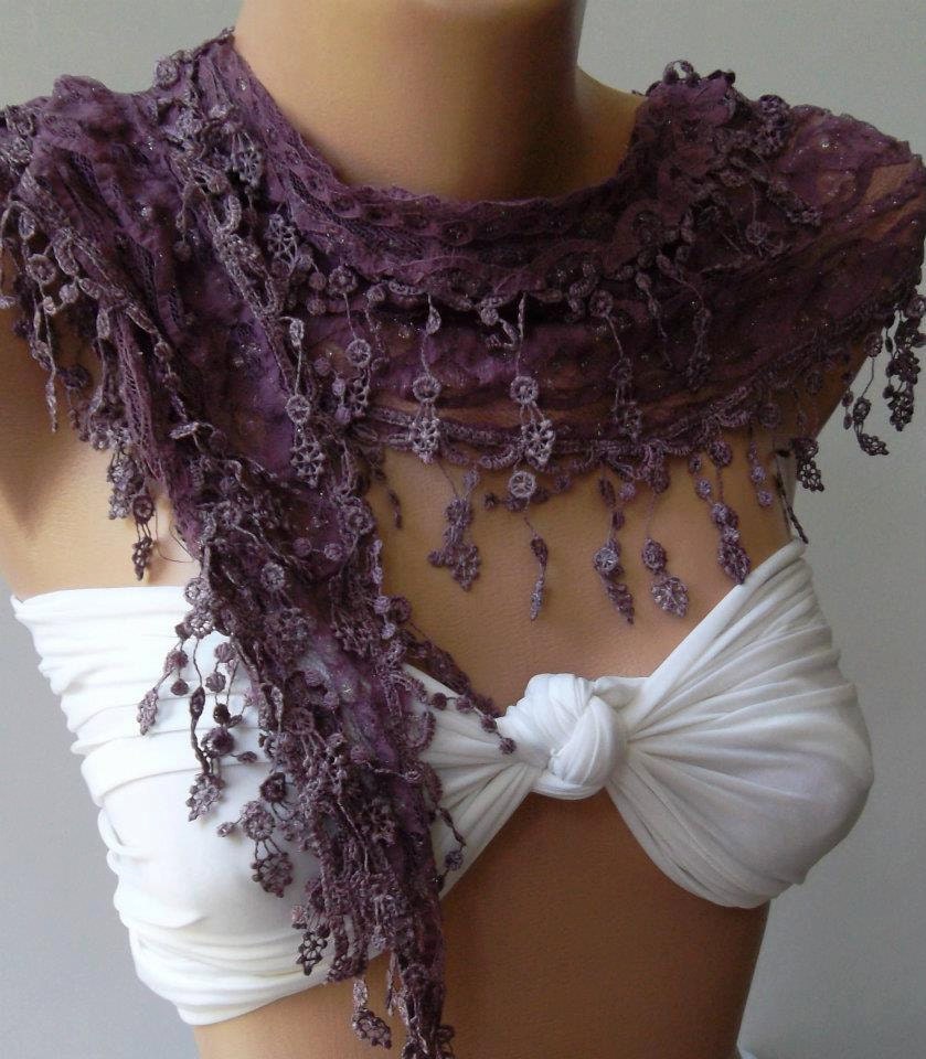 Reserved for Cathleen.Purple - Elegance  Shawl / Scarf with Lacy Edge