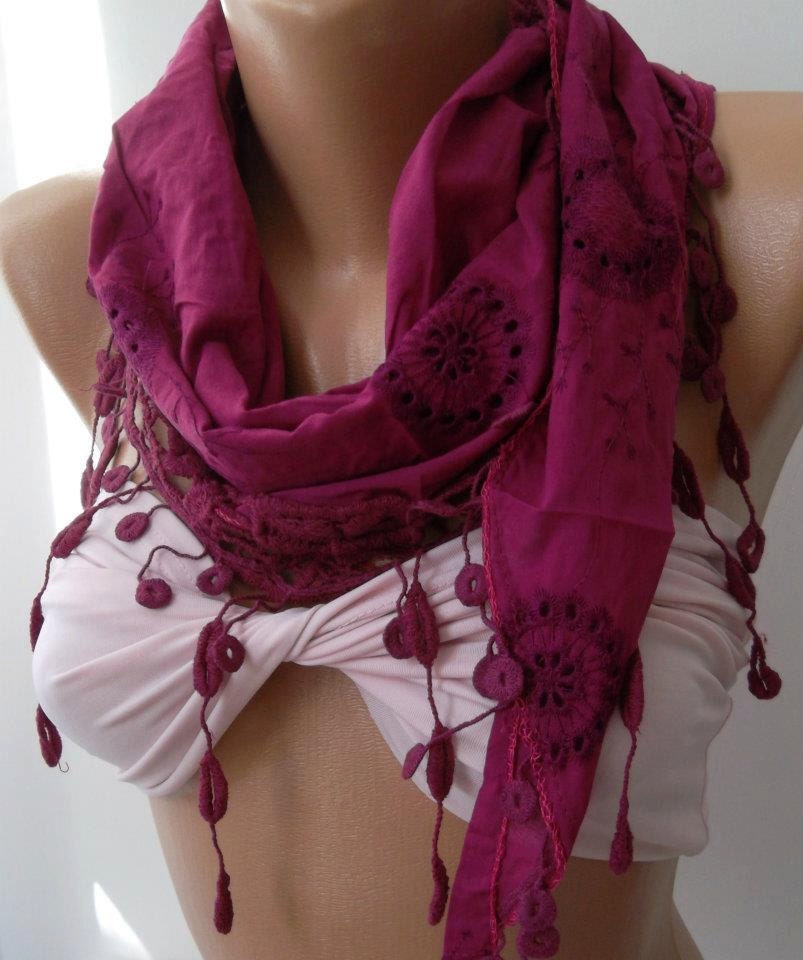 Fuchsia - Elegance Shawl / Scarf with Lace Edge