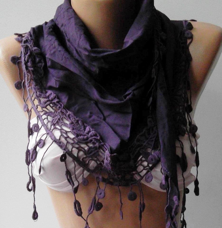Purple - Elegance Shawl / Scarf with Lace Edge