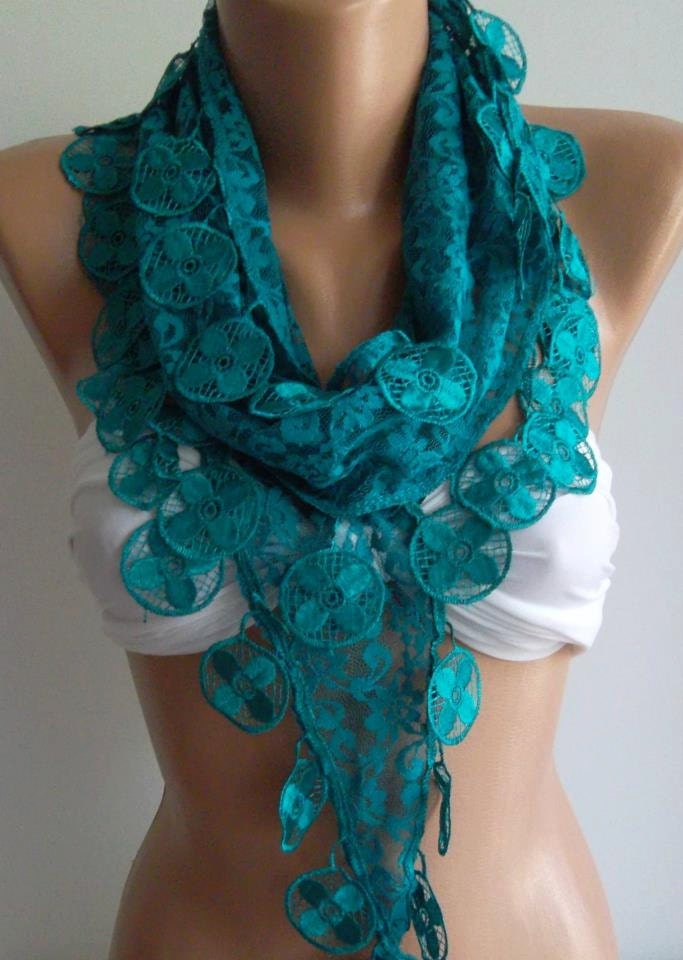 Turquoise / Elegance  Shawl / Scarf with Lacy Edge-