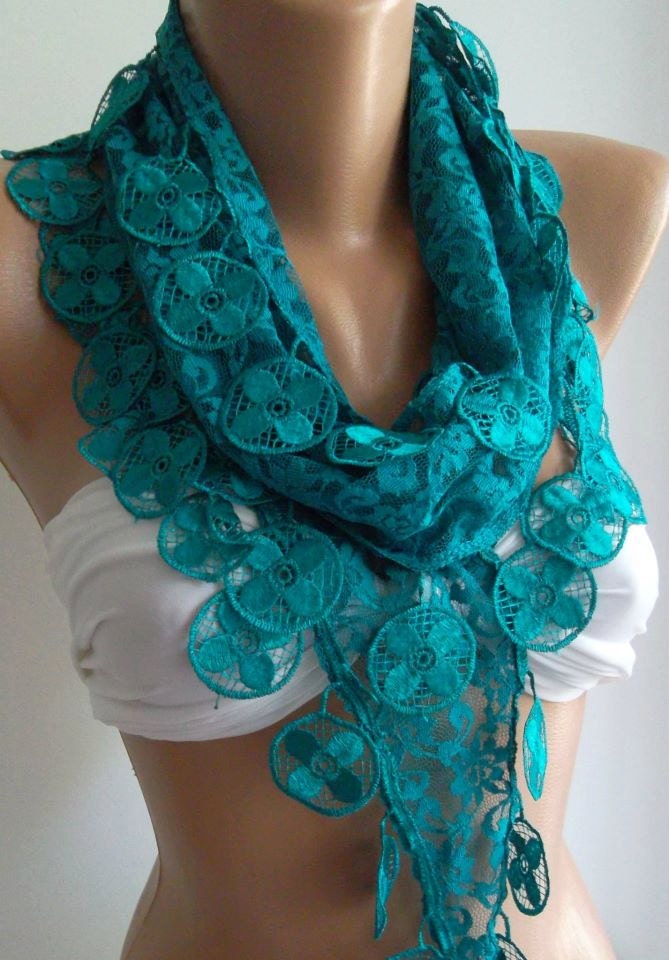 Turquoise / Elegance  Shawl / Scarf with Lacy Edge-